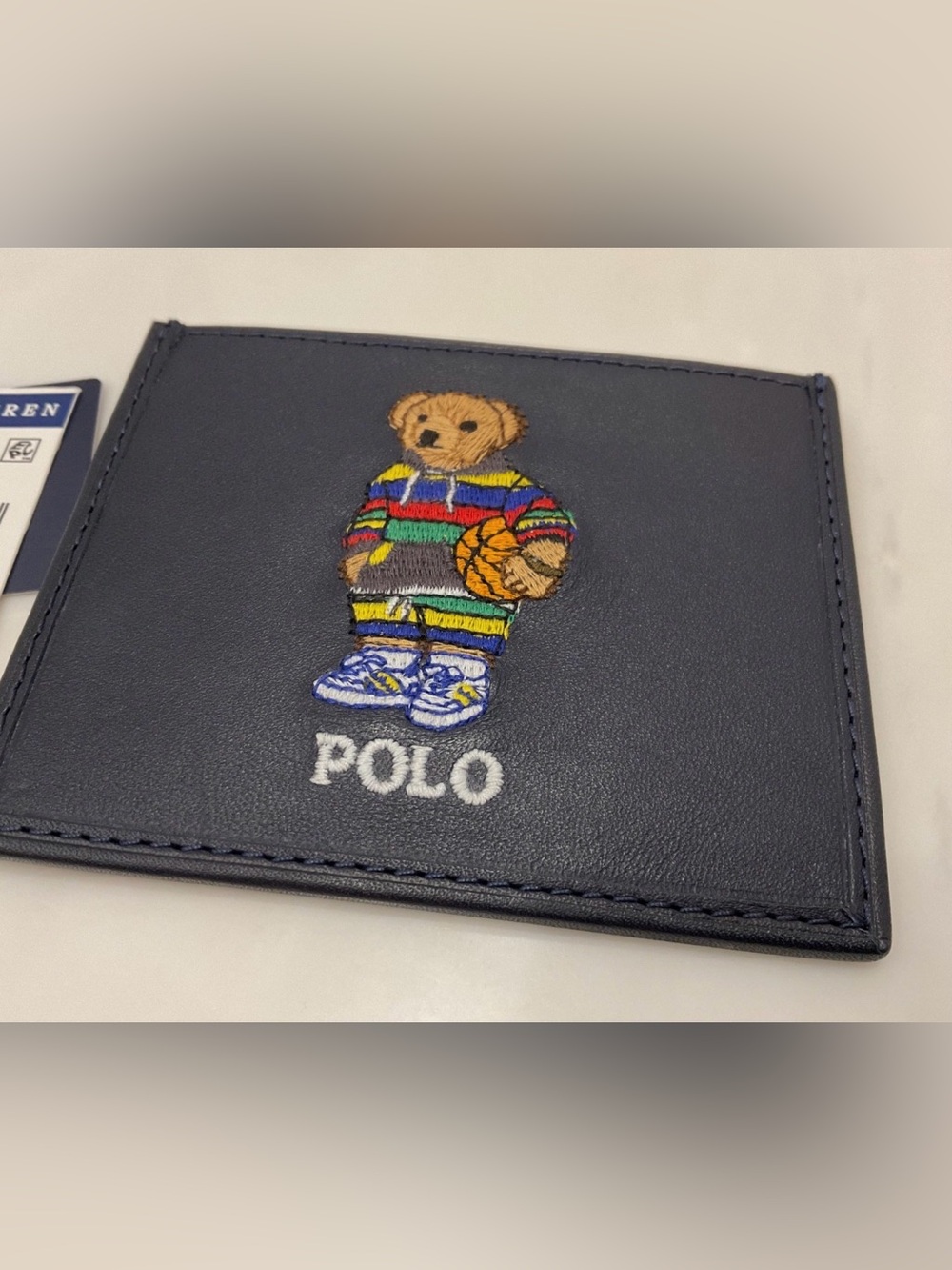 NEW Polo Ralph Lauren BASKETBALL BEAR Leather Slim Card Case Wallet - BLUE - Picture 2 of 4